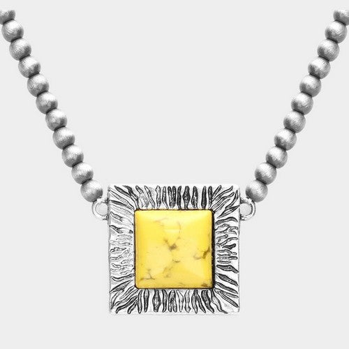 Square Natural Stone Pendant Necklace Silver & Yellow