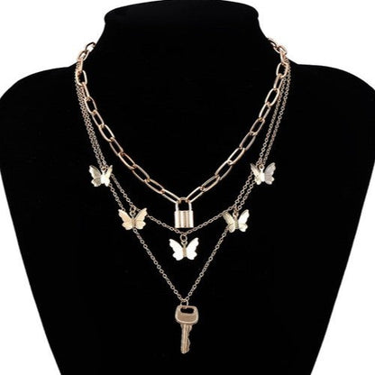 Butterfly Lock & Key Pendant Multilayer Necklace Gold
