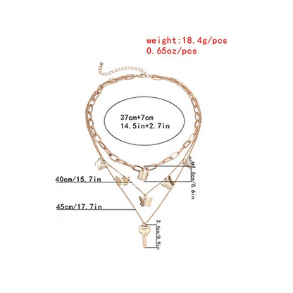 Butterfly Lock & Key Pendant Multilayer Necklace Gold