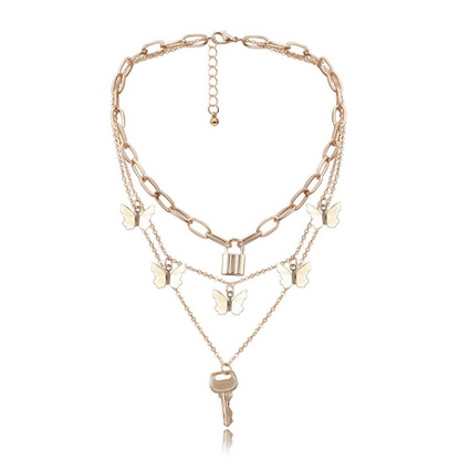 AC316242 Butterfly Lock & Key Pendant Multilayer Necklace Gold