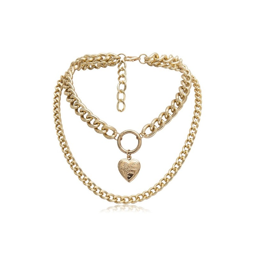 AC234036 Heart Pendant Double Layered Short Necklace Gold