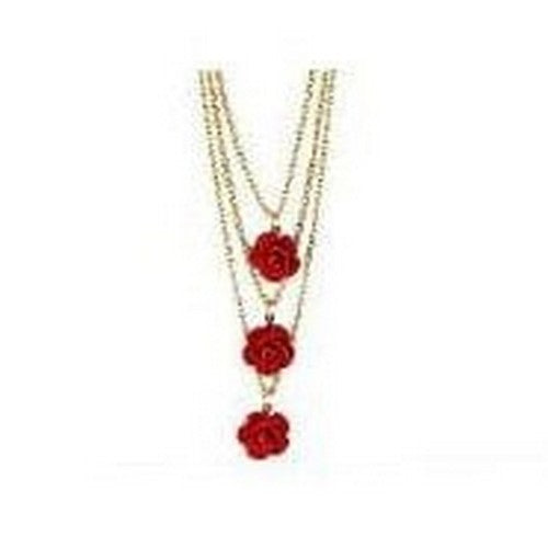Red Flower Triple Necklace Gold