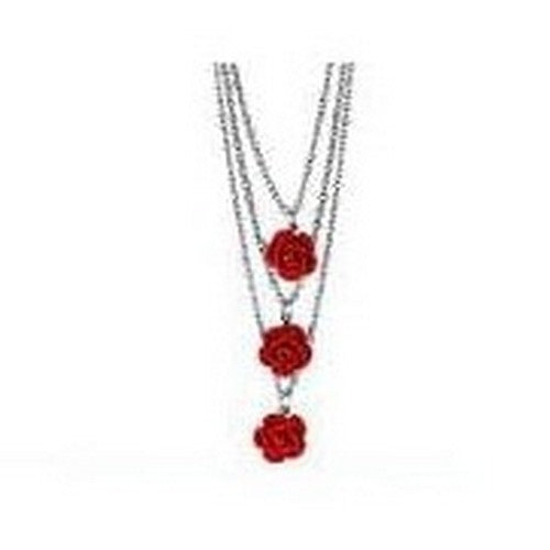 Red Flower Triple Necklace Silver