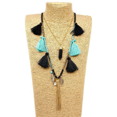NKL-160 Tassel Bullet & Leaf Charm Bead Earing & Necklace