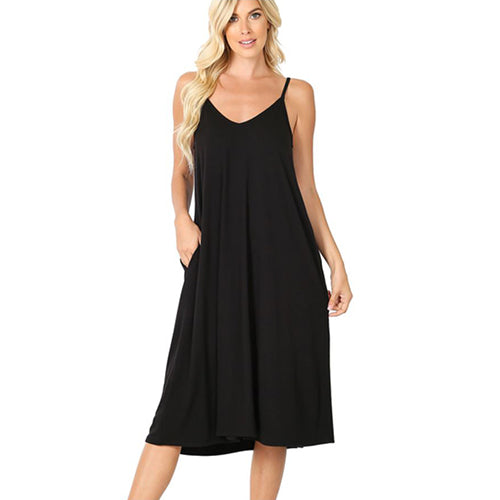 V-Neck Cami Knee Length Dress Black