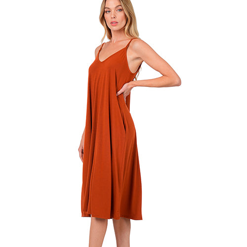 V-Neck Cami Knee Length Dress Dark Rust