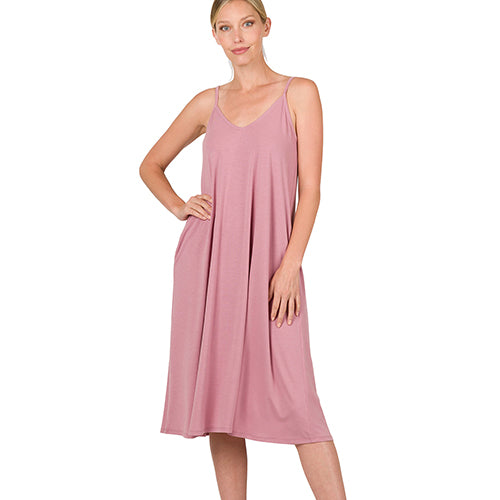 V-Neck Cami Knee Length Dress Light Rose