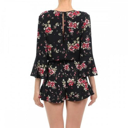 Floral 3/4 Sleeve Romper Black