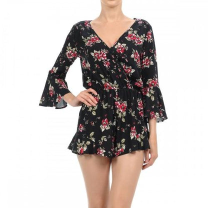 68938-2 3/4 Flounced Sleeve Woven Surplice Romper Black