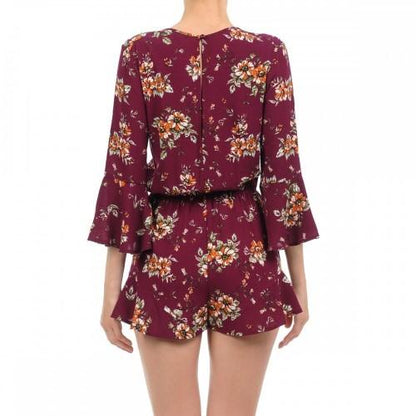 Floral 3/4 Sleeve Romper Burgundy