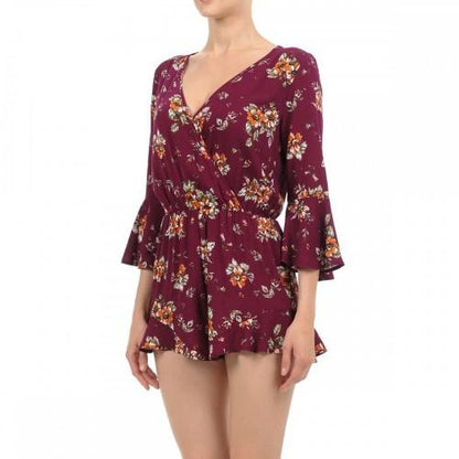 68938-2 3/4 Flounced Sleeve Woven Surplice Romper Burgundy