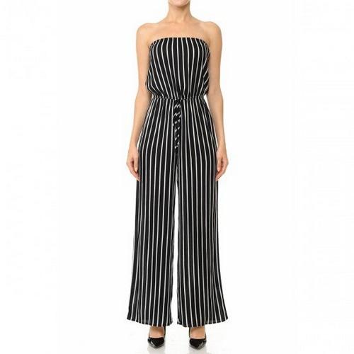70850-1 Striped Tube Tie Front Waist Woven Wide Leg Jumpsuit Black