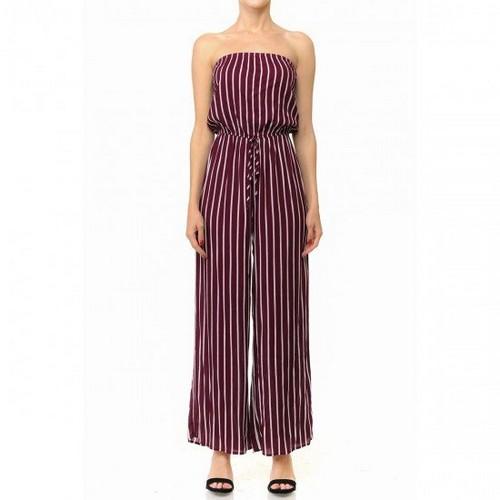 70850-1 Striped Tube Tie Front Waist Woven Wide Leg Jumpsuit Burgundy