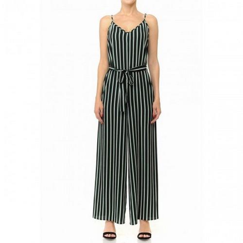 70975-4 Multi Striped Belted Seamless Waist V-Neck Cami Stretch Woven Wide Leg Jumpsuit Black/Green