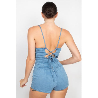 Cross Over Back Denim Romper Medium Denim