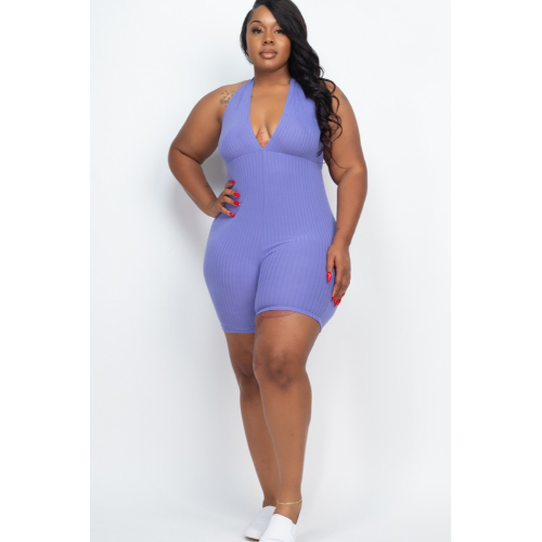 BP2773X Plus Size Ribbed Halter Romper Chive Blossom