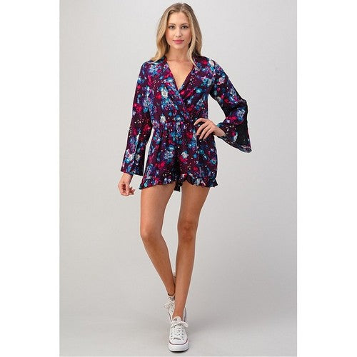 Paper Moon Floral Lace-Insert Bell Sleeve Romper Purple