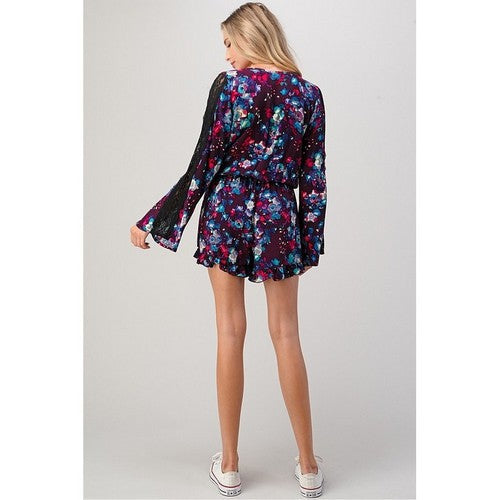 Paper Moon Floral Lace-Insert Bell Sleeve Romper Purple