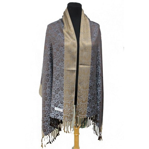 PH-013 Gold Border Floral Pashmina Gray