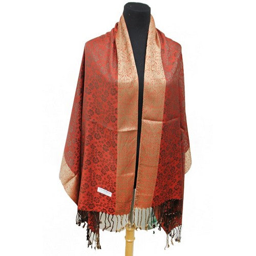 PH-013 Gold Border Floral Pashmina Rust