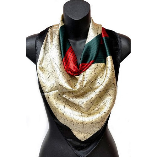 SF-433 Red & Green OO pront Large Square Silky Scarf Beige