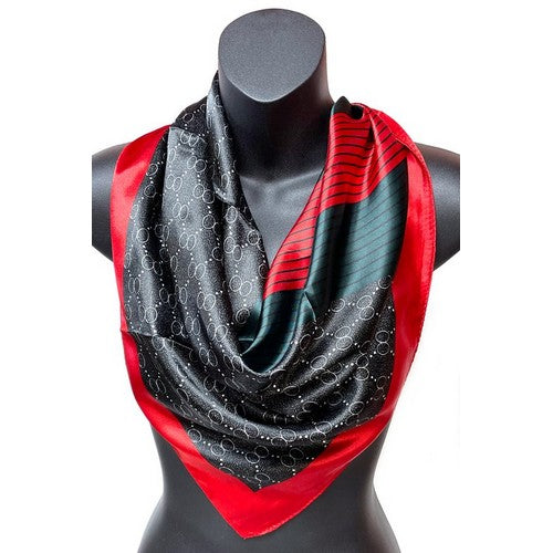 SF-433 Red & Green OO pront Large Square Silky Scarf Black