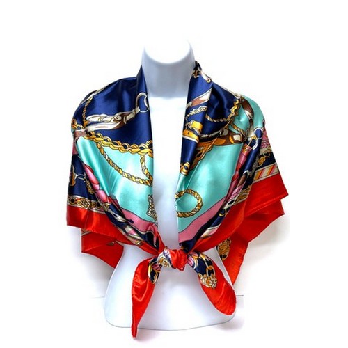 SF-415 Chain Equestrian Print Large Square Silk Scarf