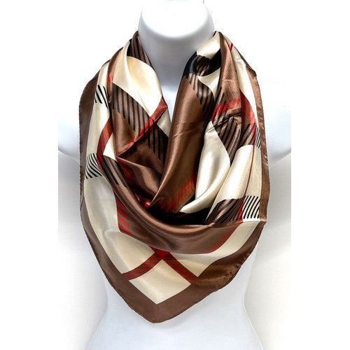 SF-408 Brit Plaid Large Square Silky Scarf Brown