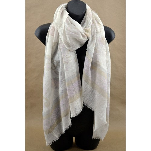 SF-540 Paisley Print Long Cotton Scarf Ivory/Lavender 