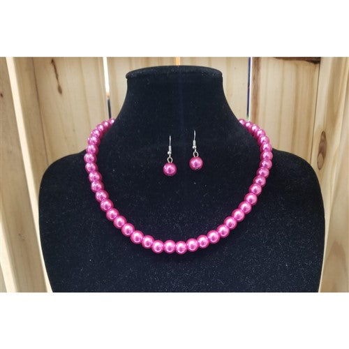Pearl Necklace & Earring Set Fuchsia Pink