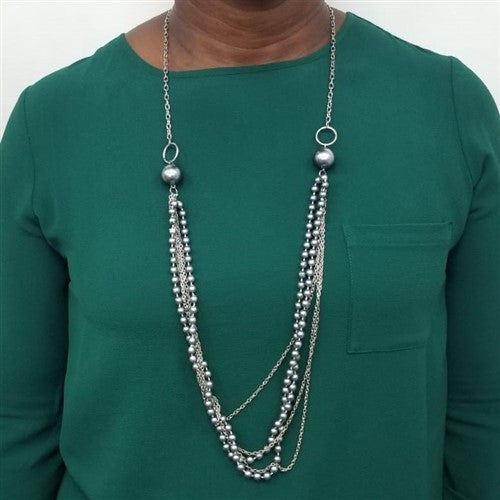 Pearl & Chain Necklace & Earring Set Grey