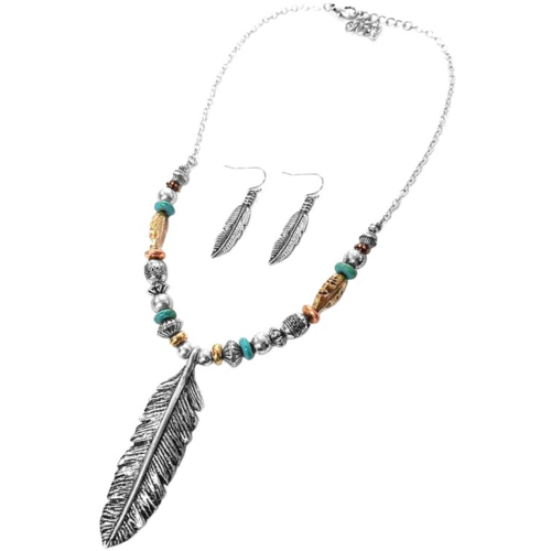 QNE15884 Leaf Necklace & Earring Set Silver