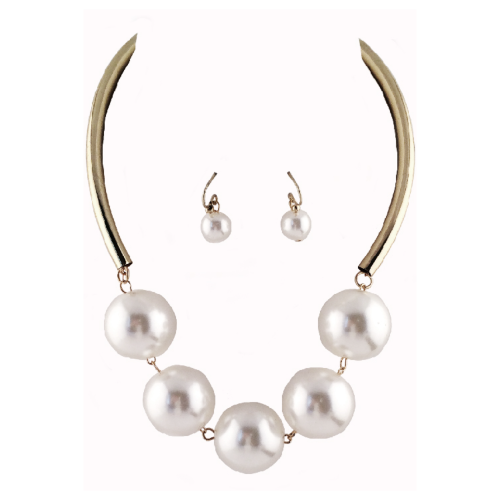 SS12917 Gold Bar & Pearl Earring & Necklace Set