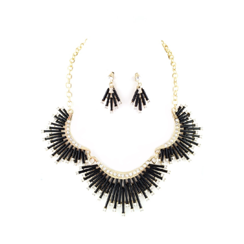 MNE2428 Gold & Diamond Bar Necklace & Earring Set Black