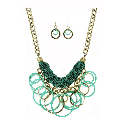 JS6189 Gold Braid & Ringlet Necklace & Earring Set Green