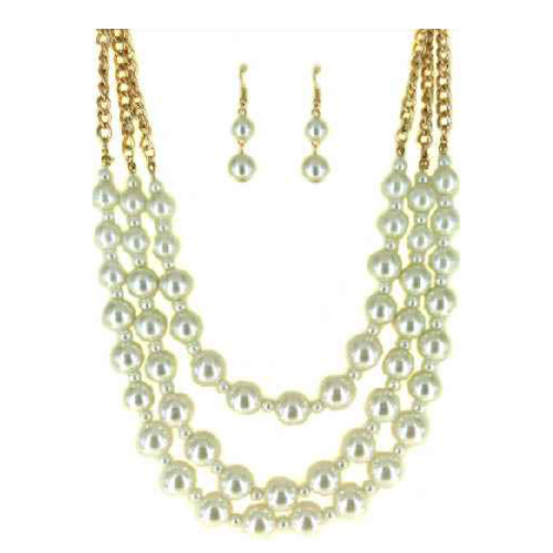 JS6640 Triple Strand Pearl Necklace & Earring Set Gold