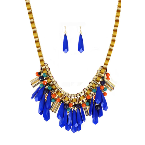 JS6111 Teardrop Gem Necklace & Earring Set Blue