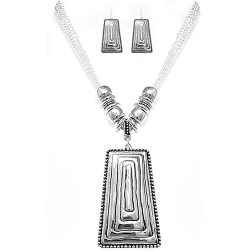 AS6661 Hammered Trapezoid Necklace & Earring Set Antique Silver