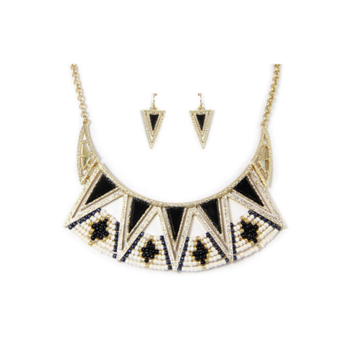 AS5045 Gold Tribal Ethnic Statement Necklace & Earring Set Black