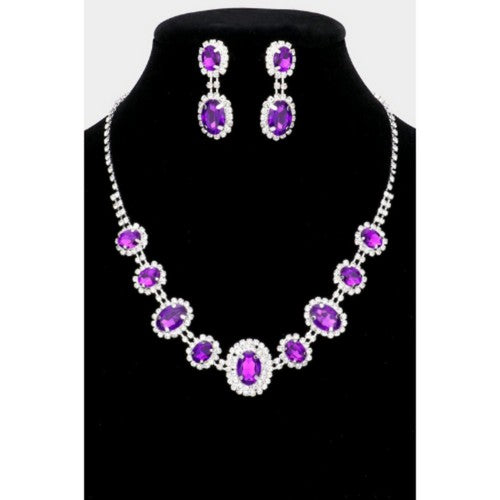 Oval Stone Rhinestone Trimmed Necklace & Earring Set Purple