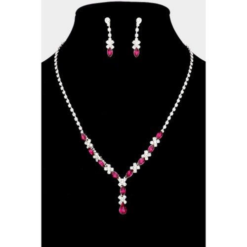 Marquise Rhinestone Necklace & Earring Set Fuchsia