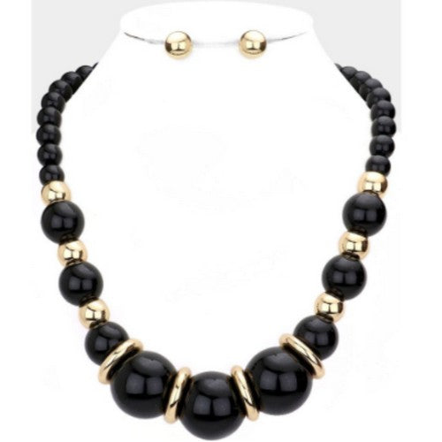 Resin Beaded Necklace & Earring Set Gold & Black