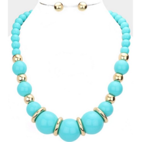 Resin Beaded Necklace & Earring Set Gold & Turquoise