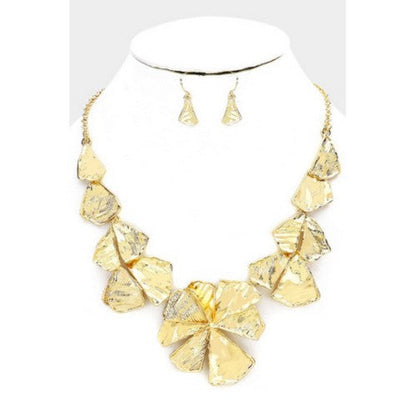 Floral Link Statement Necklace &Earring Set Gold