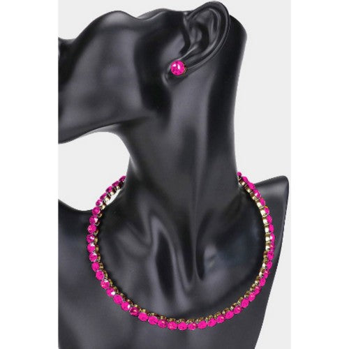 Rhinestone Open Choker & Earring Set Gold & Fuchsia