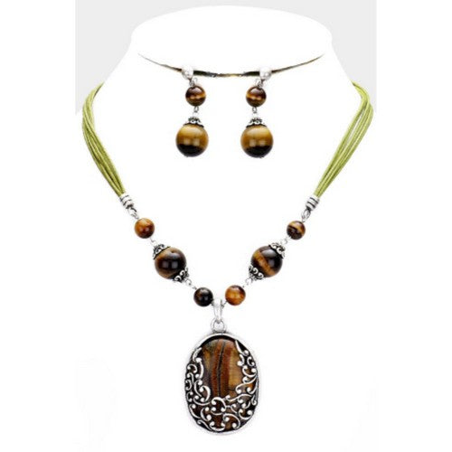 Natural Stone Embossed Metal Pendant Necklace & Earring Set Green