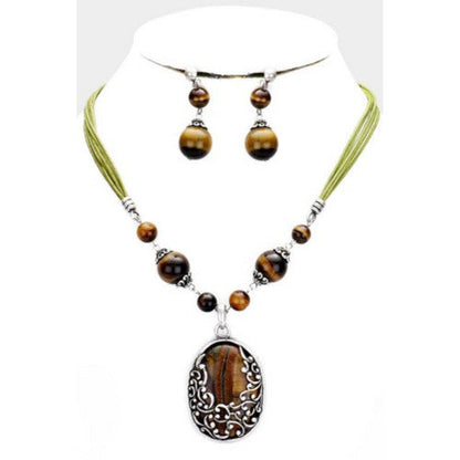 Natural Stone Embossed Metal Pendant Necklace & Earring Set Green