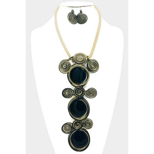 Triple Drop Black Swirl Metal Wire Necklace & Earring Set Gold