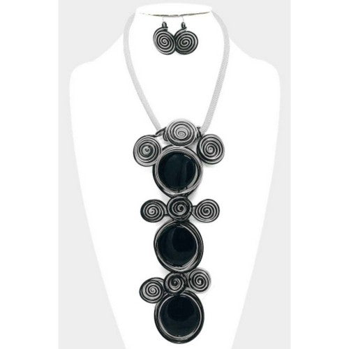 Triple Drop Black Swirl Metal Wire Necklace & Earring Set Silver