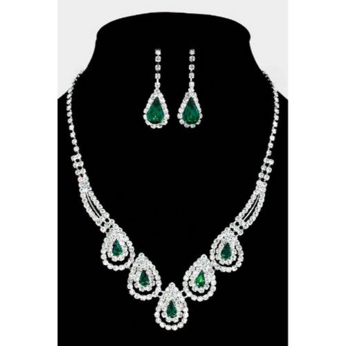 Teardrop Rhinestone Necklace & Earring Set Emerald
